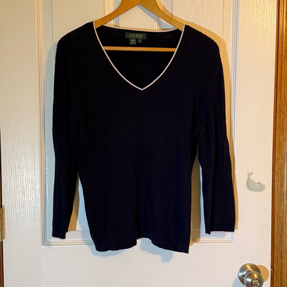 Lauren Ralph Lauren 100% Cotton Navy Blue V neck Cable Knit Sweater Large
